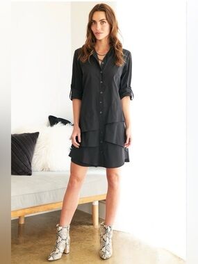 Finley “Jenna” Black Shirt Dress w Asymmetrical Tiered Ruffles at Hemline Size M